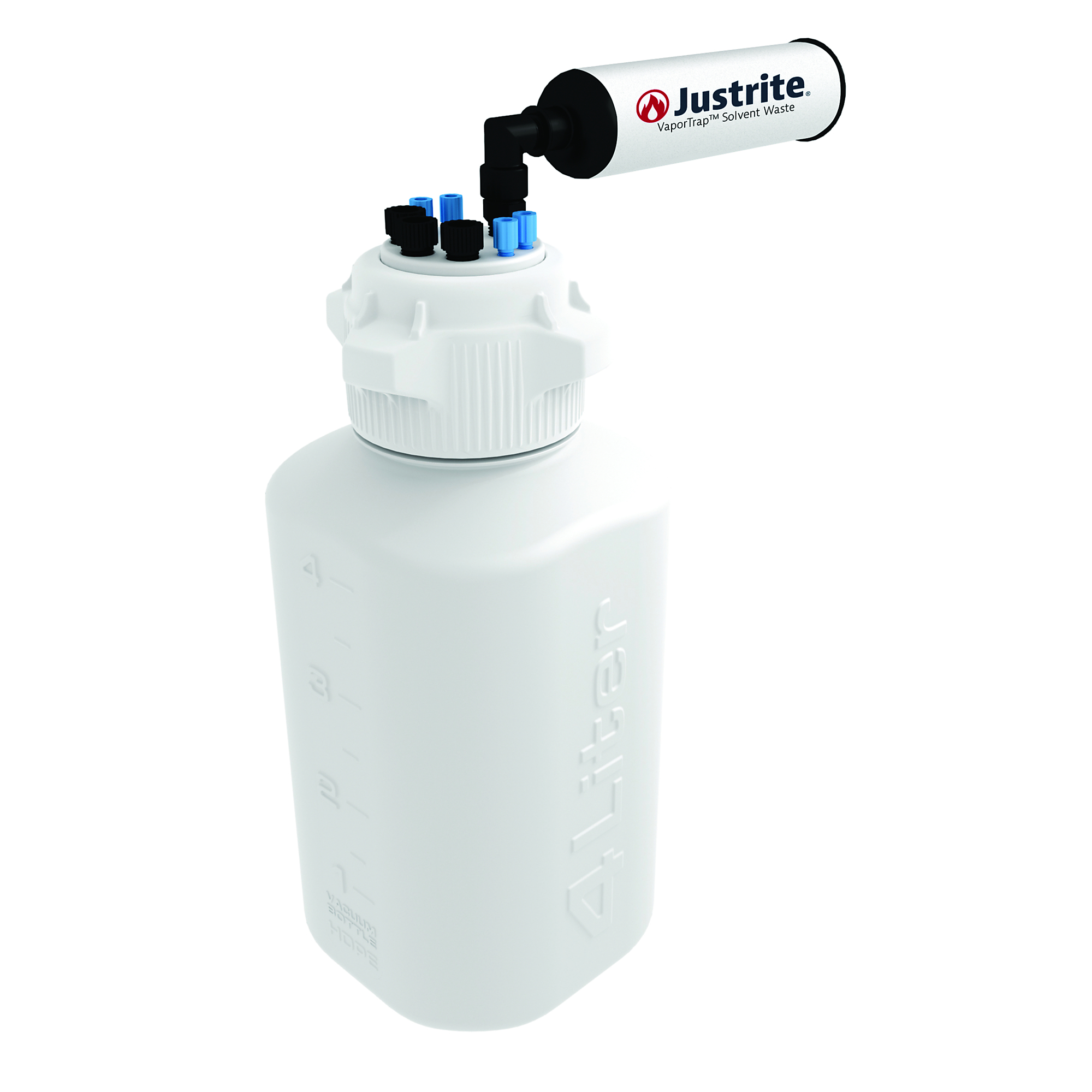 Justrite VaporTrap Carboy with Filter Kit — 4 Liters, HDPE, 83mm Cap, 7 Ports, Model# 12810